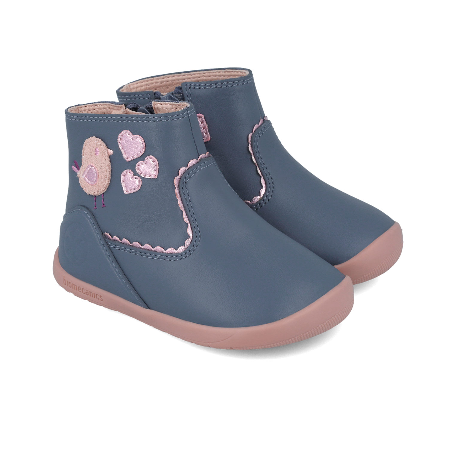 Bottines bébé bleu gris à zip, oiseau et cœurs 251154-A556 – Image 2