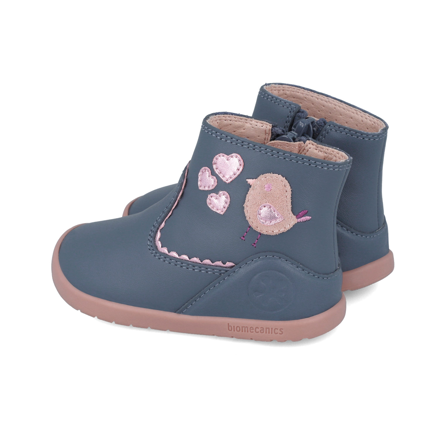 Bottines bébé bleu gris à zip, oiseau et cœurs 251154-A556 – Image 3