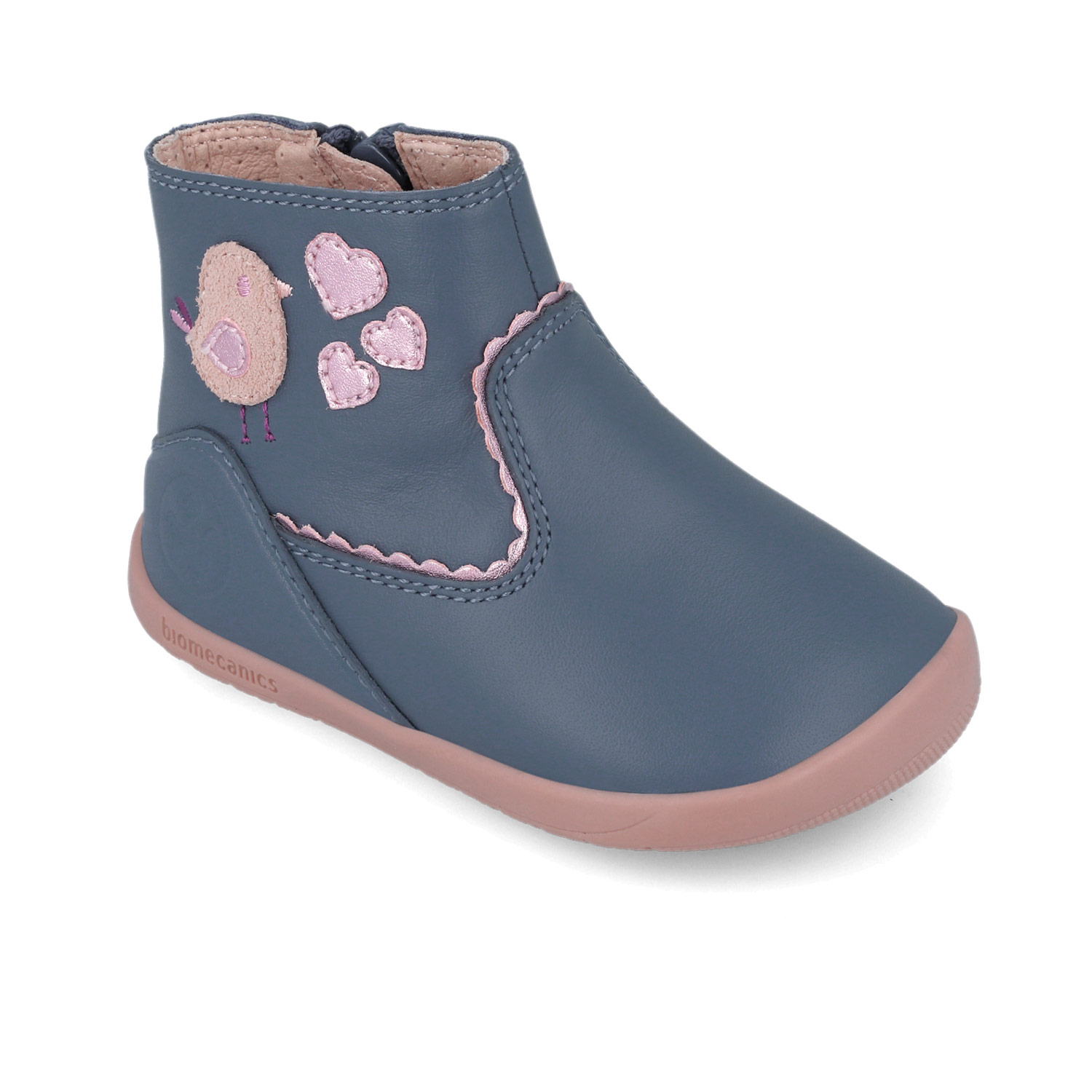 Bottines bébé bleu gris à zip, oiseau et cœurs 251154-A556 – Image 4