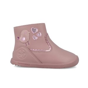 Bottines bébé rose poudré à zip, oiseau et cœurs 251154-B159