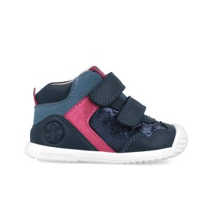 Baskets montantes bébé fille Biomecanics bleu marine à sequins, 251108-A183